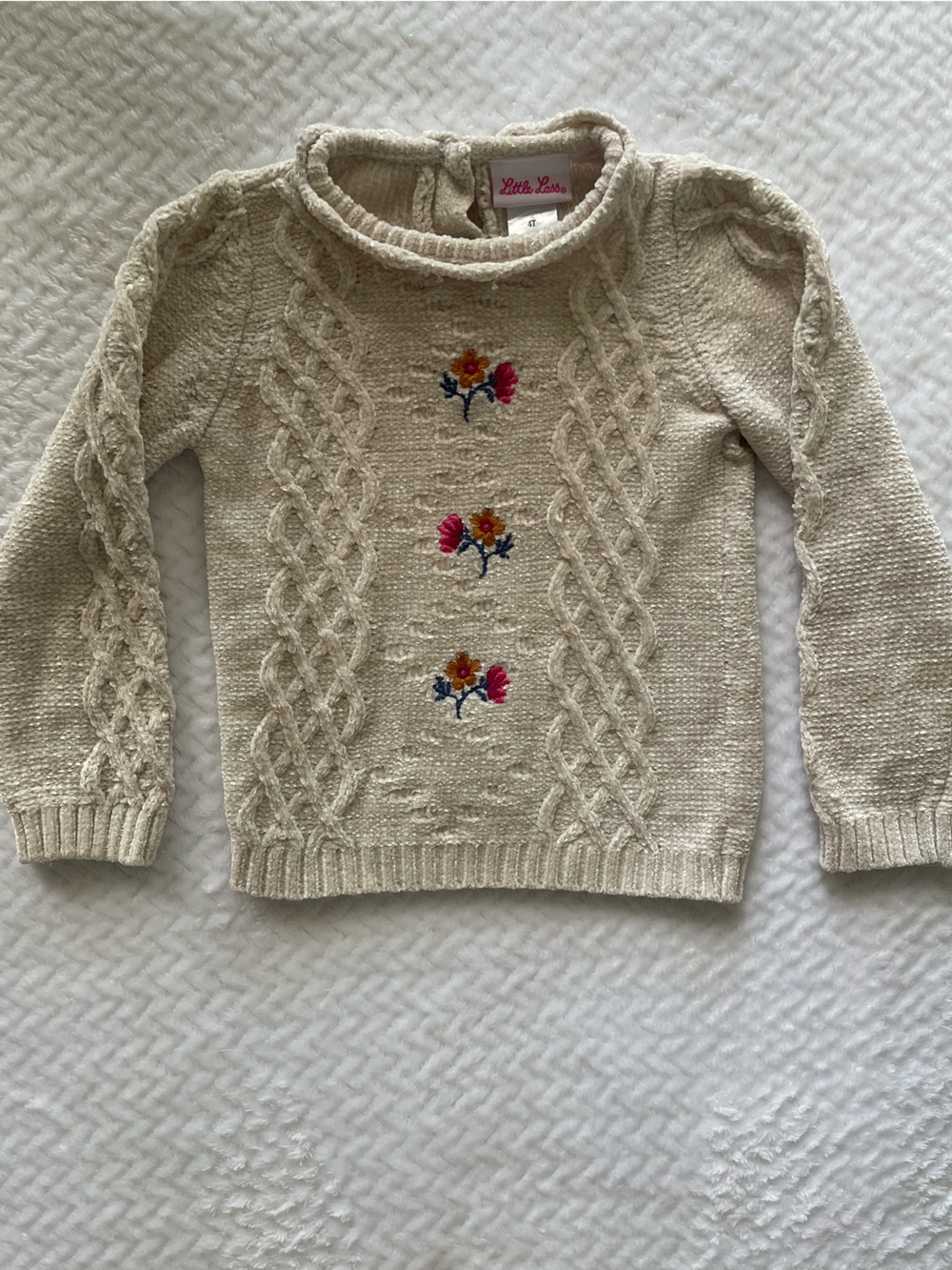 Little Lass Cream Cable-Knit Turtleneck Sweater with Floral Embroidery